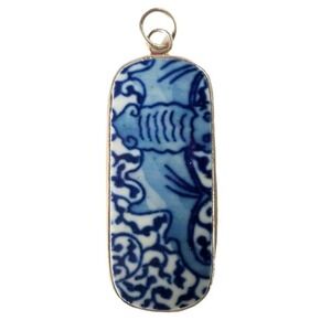 Blue & White Bat Chinoiserie Porcelain Pottery Shard Pendant Broken China Focal
